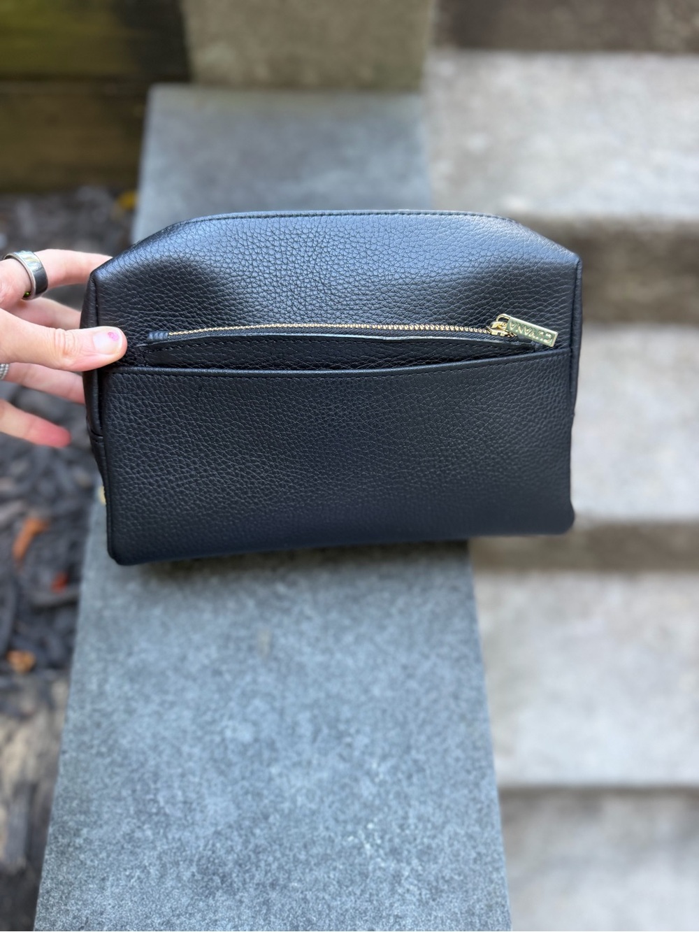 Cuyana Black Pebbled Leather Cosmetic Case Clutch Bag with Gold Hardware